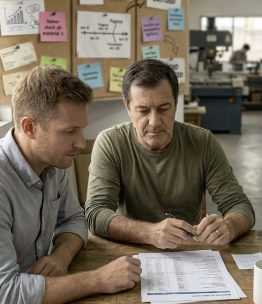 Dueño de una empresa revisando sus números junto a un asesor, sobre la mesa de trabajo de su taller
